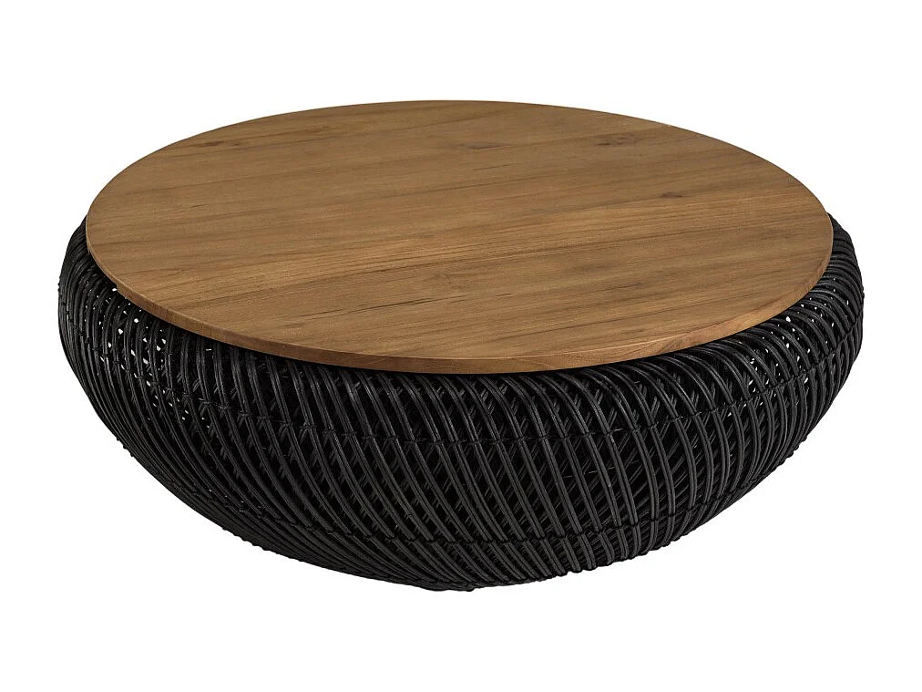 SIXTINE - Table basse ronde diam80 en bois de teck recylé rotin noir