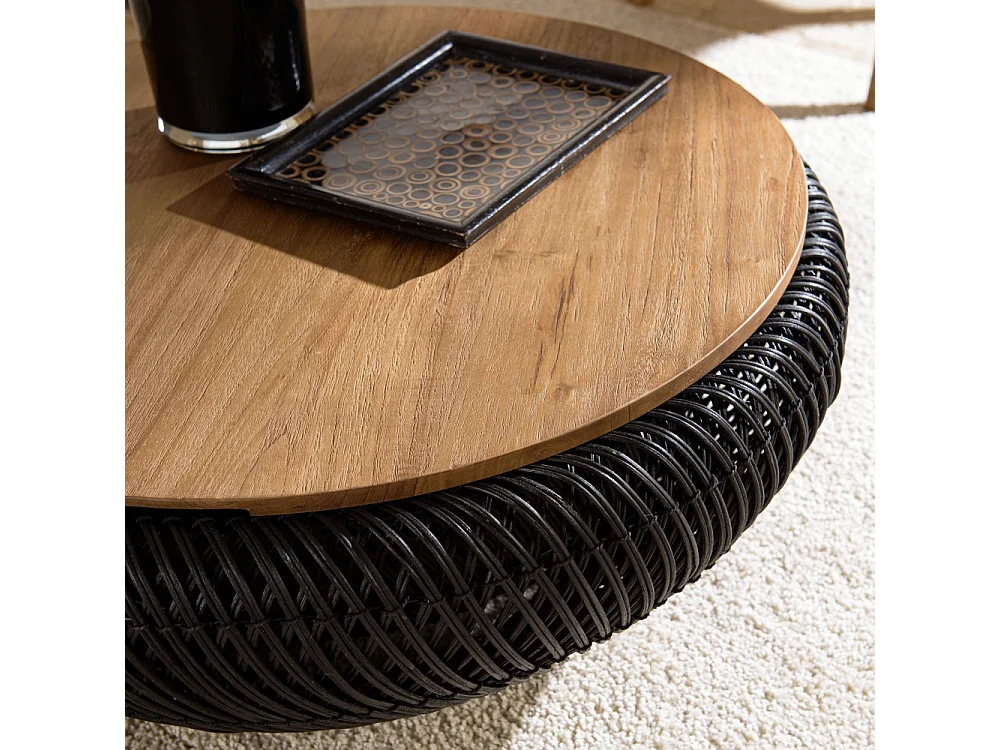 SIXTINE - Table basse ronde diam80 en bois de teck recylé rotin noir