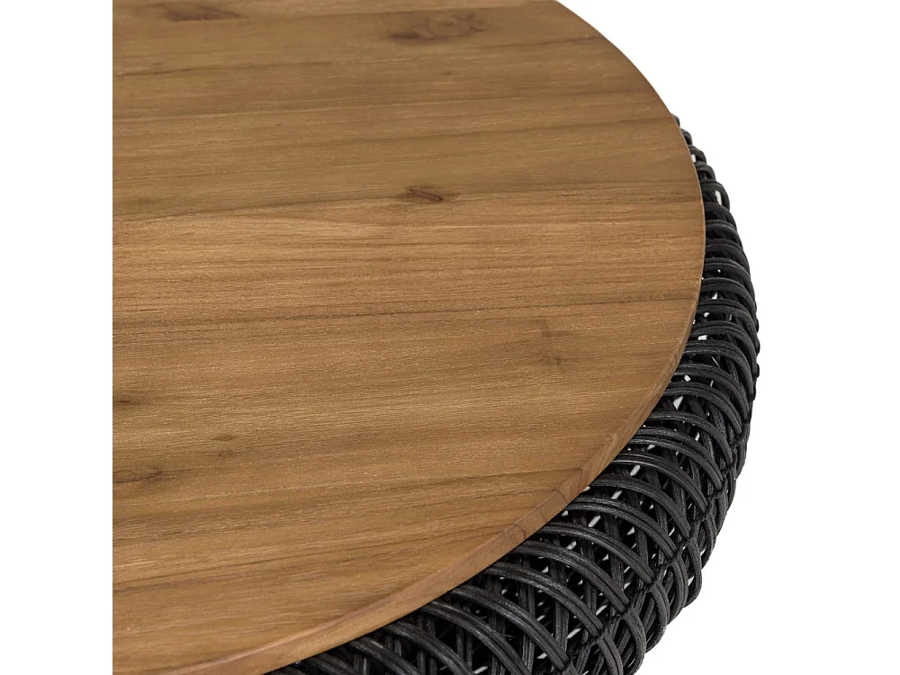 SIXTINE - Table basse ronde diam80 en bois de teck recylé rotin noir