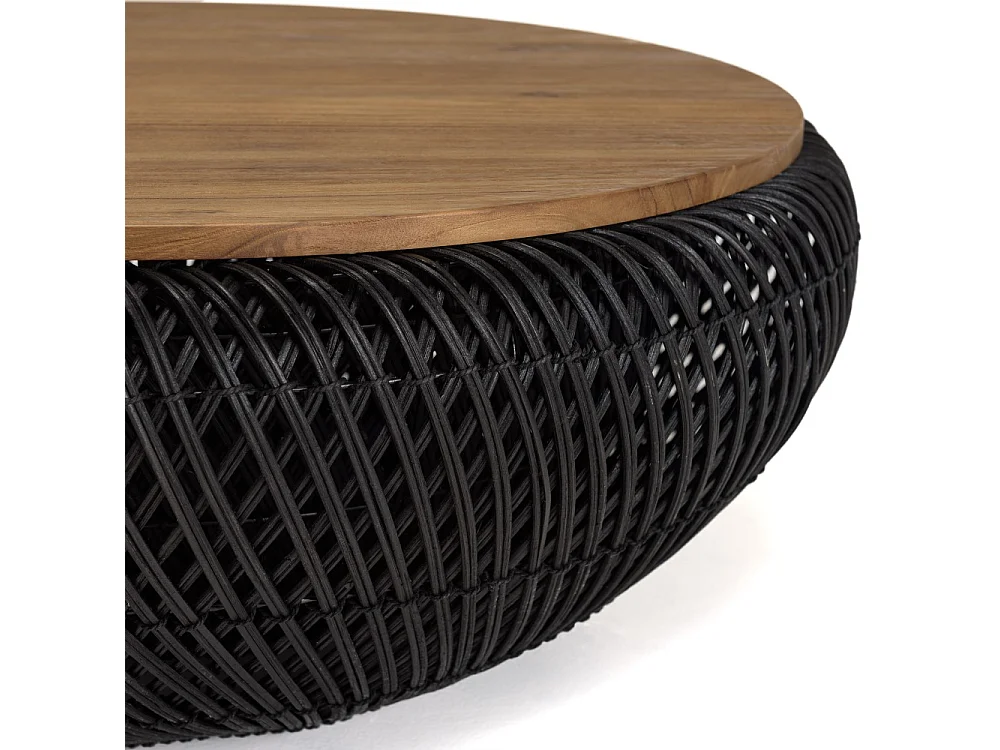 SIXTINE - Table basse ronde diam80 en bois de teck recylé rotin noir
