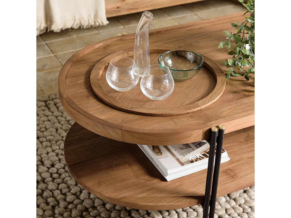 SIXTINE - Table basse bois teck recyclé 2 niveaux plateau amovible