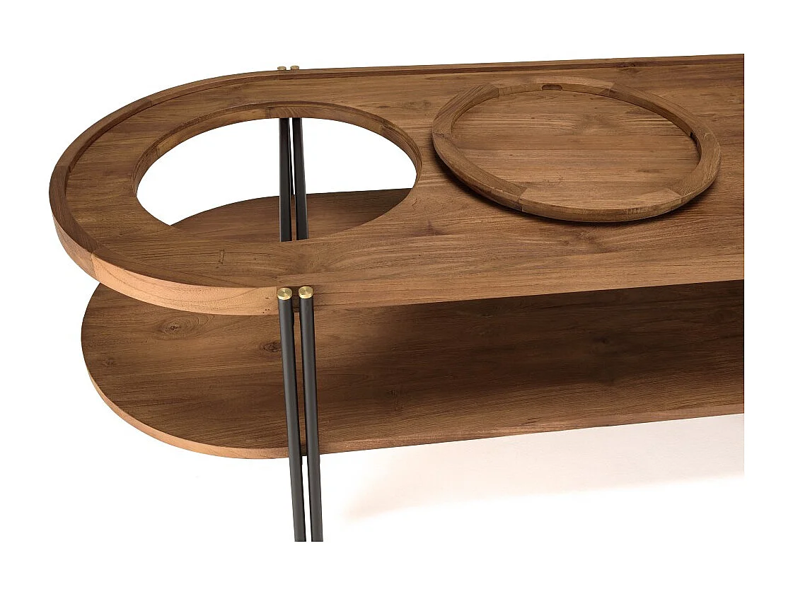 SIXTINE - Table basse bois teck recyclé 2 niveaux plateau amovible