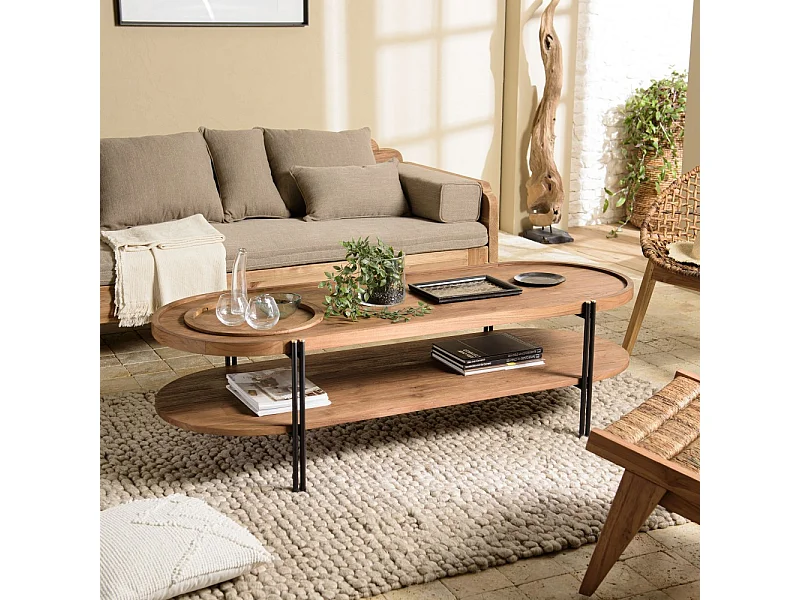 SIXTINE - Table basse bois teck recyclé 2 niveaux plateau amovible