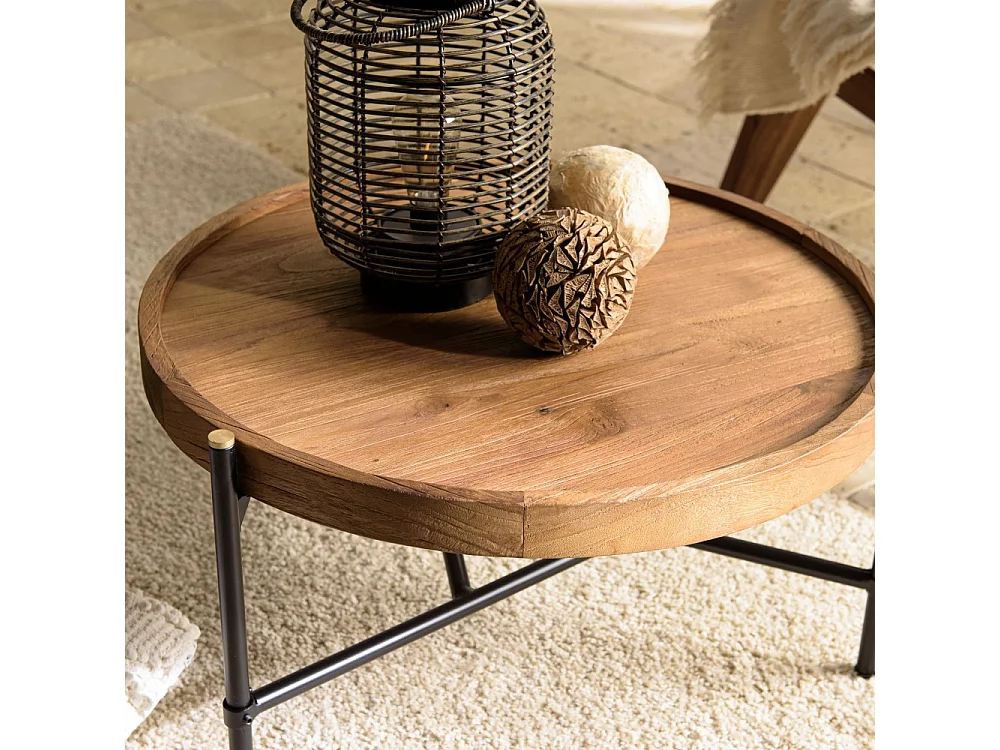 SIXTINE - Table basse ronde diam 58 plateau en bois de teck recyclé