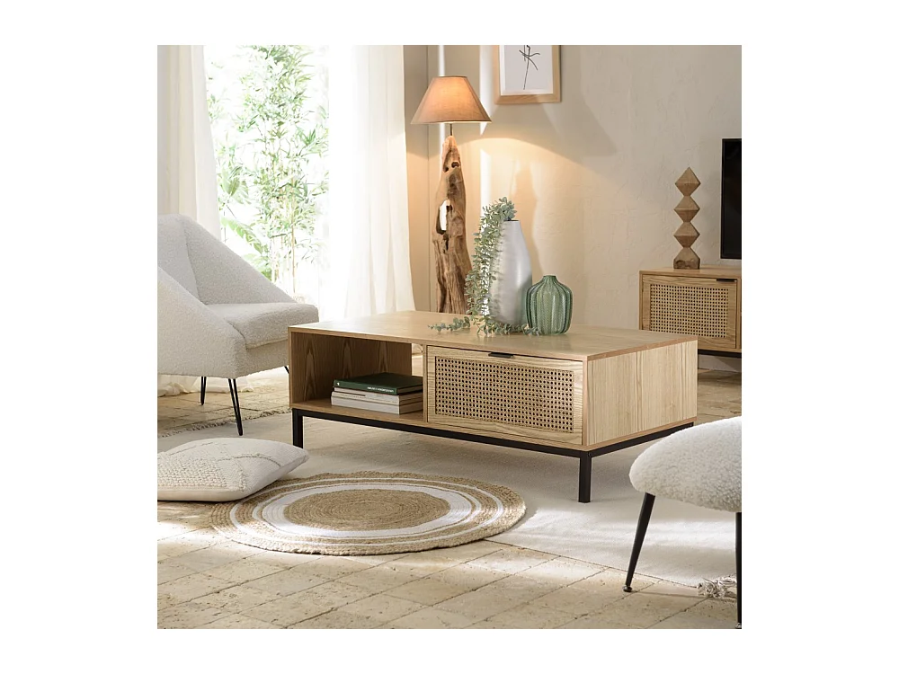MARCEAU - Table basse 1 niche 2 tiroirs cannage naturel pieds métal noir