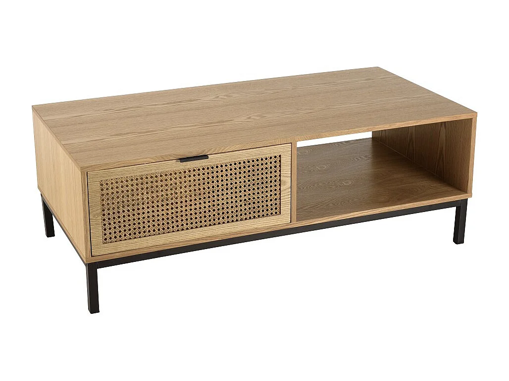 MARCEAU - Table basse bois 1 niche 2 tiroirs cannage pieds noir