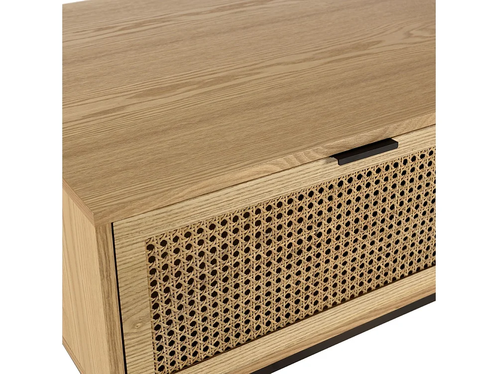 MARCEAU - Table basse bois 1 niche 2 tiroirs cannage pieds noir