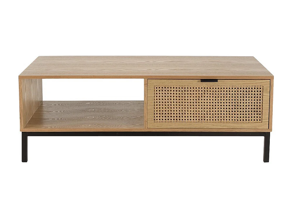 MARCEAU - Table basse bois 1 niche 2 tiroirs cannage pieds noir