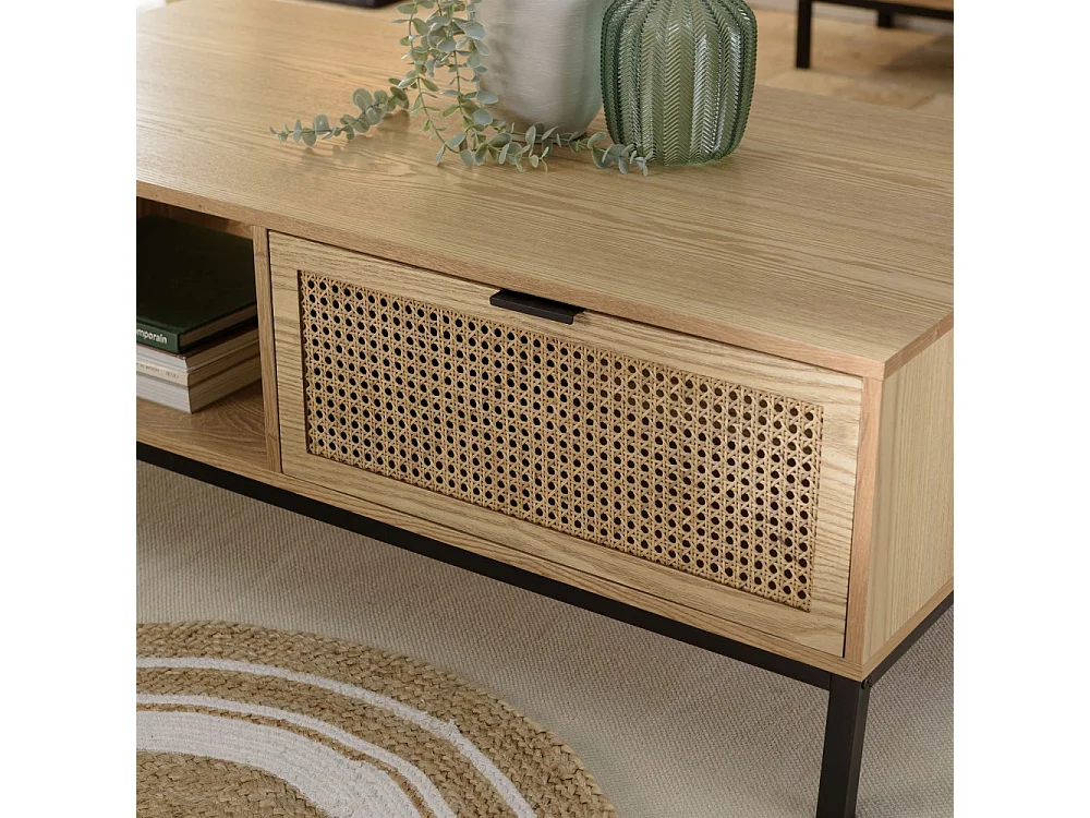 MARCEAU - Table basse bois 1 niche 2 tiroirs cannage pieds noir