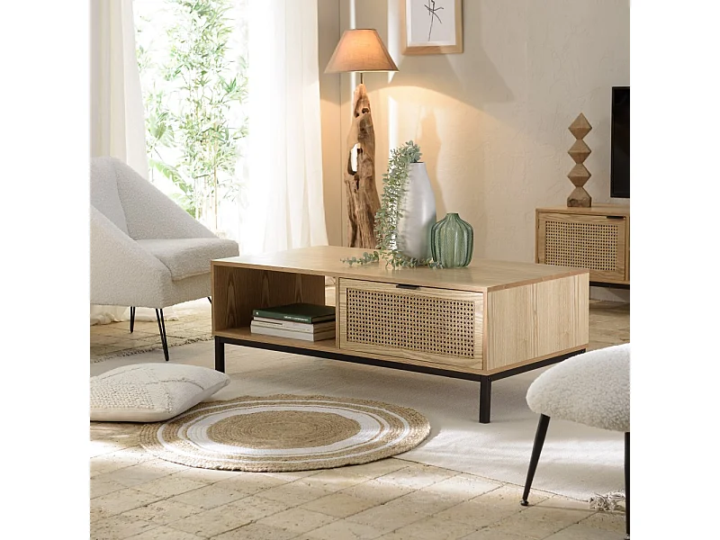 MARCEAU - Table basse bois 1 niche 2 tiroirs cannage pieds noir