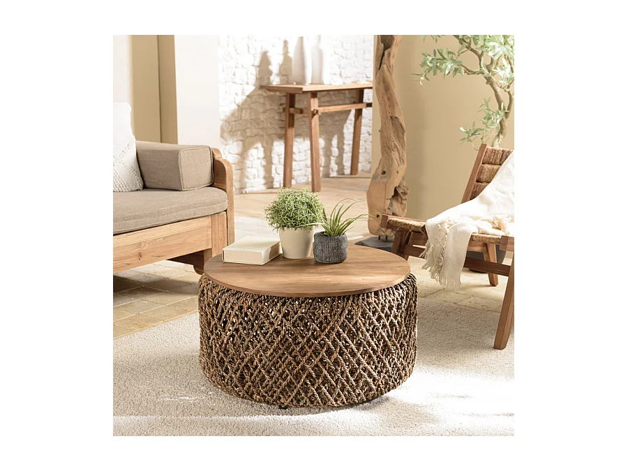 SIXTINE - Table basse ronde 70x70cm en tissage de fibre de cocotier