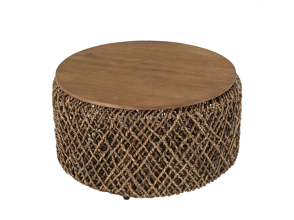 SIXTINE - Table basse ronde diam70 rotin, plateau bois teck recyclé