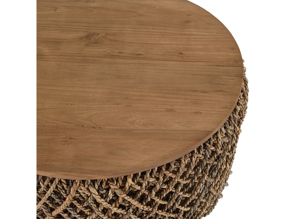 SIXTINE - Table basse ronde diam70 rotin, plateau bois teck recyclé