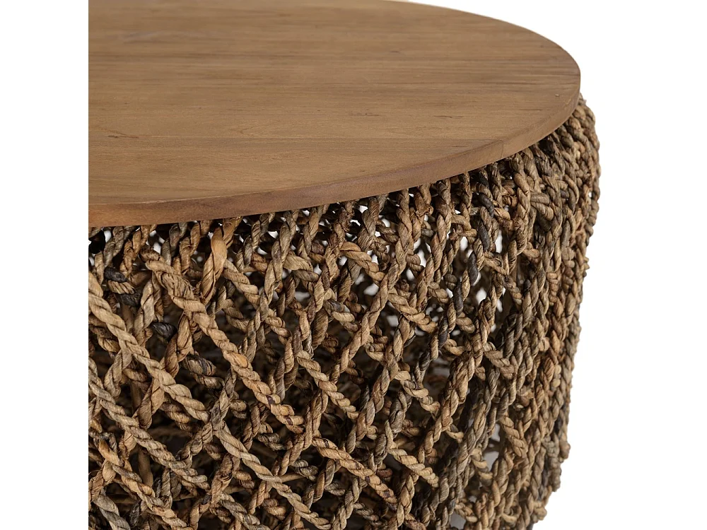 SIXTINE - Table basse ronde diam70 rotin, plateau bois teck recyclé