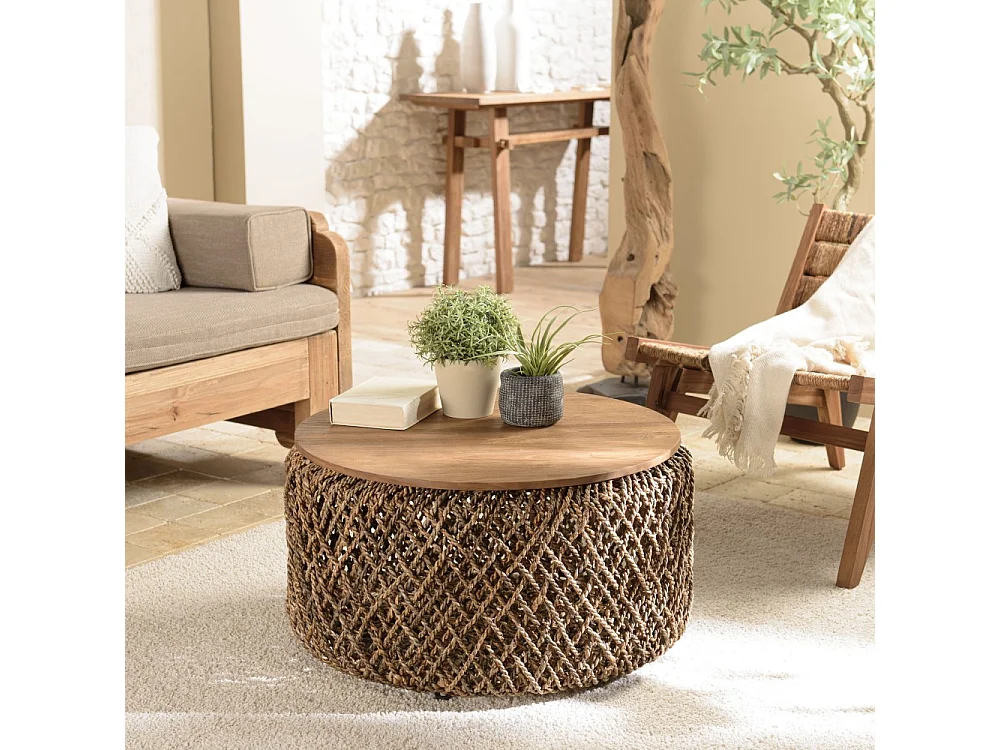 SIXTINE - Table basse ronde diam70 rotin, plateau bois teck recyclé