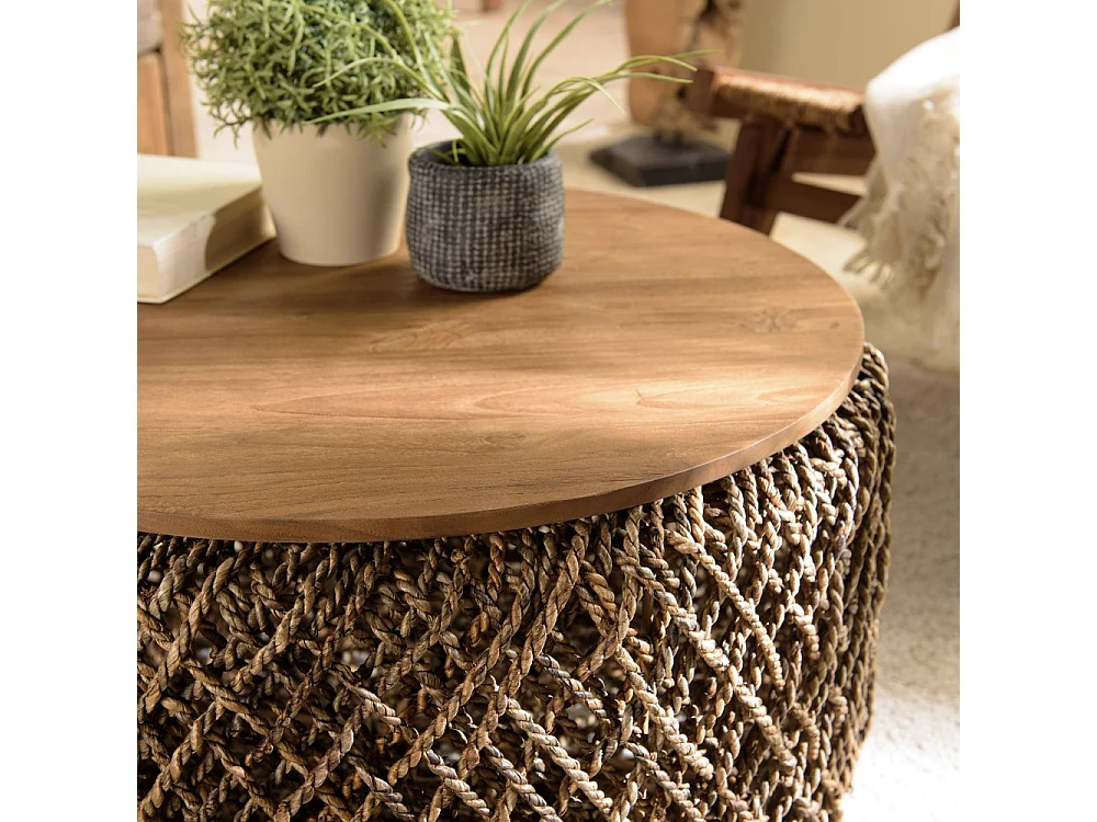 SIXTINE - Table basse ronde diam70 rotin, plateau bois teck recyclé