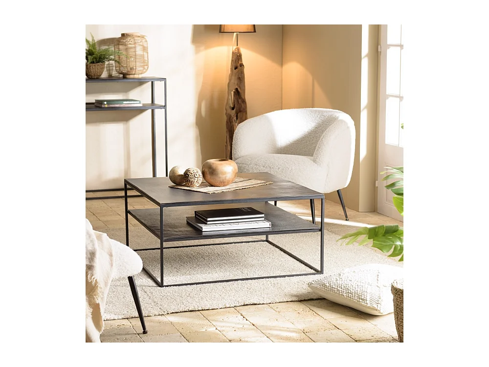 JOHAN - Table basse double plateau 80x80cm aluminium noir pieds métal