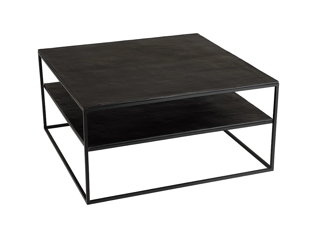 JOHAN - Table basse double plateau 80x80cm aluminium noir pieds métal