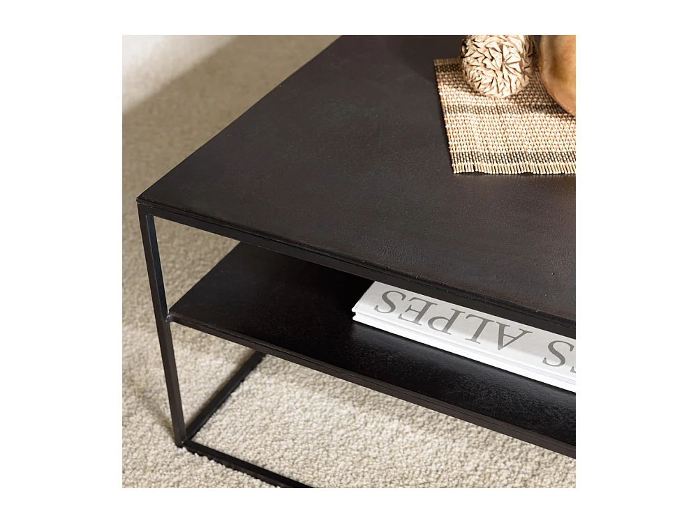 JOHAN - Table basse double plateau 80x80cm aluminium noir pieds métal