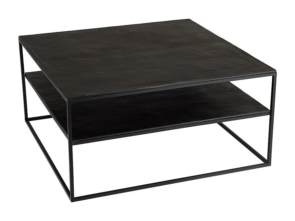 JOHAN - Table basse double plateau 80x80cm aluminium noir pieds métal