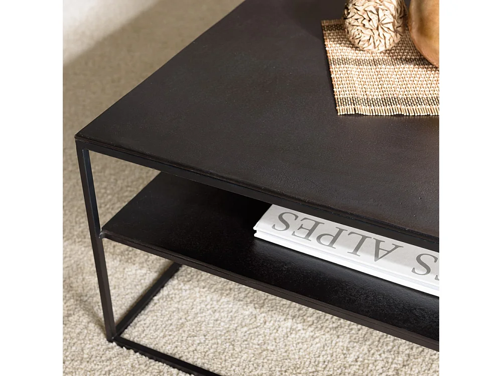 JOHAN - Table basse double plateau 80x80cm aluminium noir pieds métal