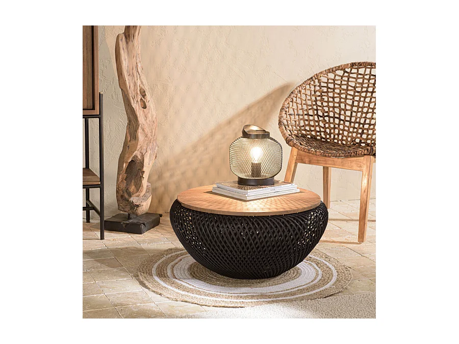 SIXTINE - Table basse ronde 65x65cm en rotin noir plateau amovible