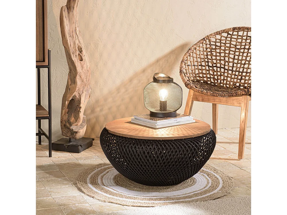 SIXTINE - Table basse ronde diam65 plateau bois teck recyclé rotin noir