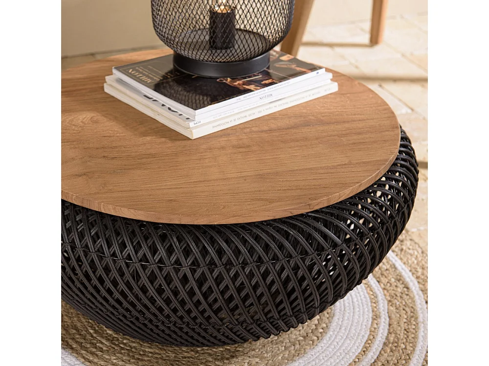 SIXTINE - Table basse ronde diam65 plateau bois teck recyclé rotin noir