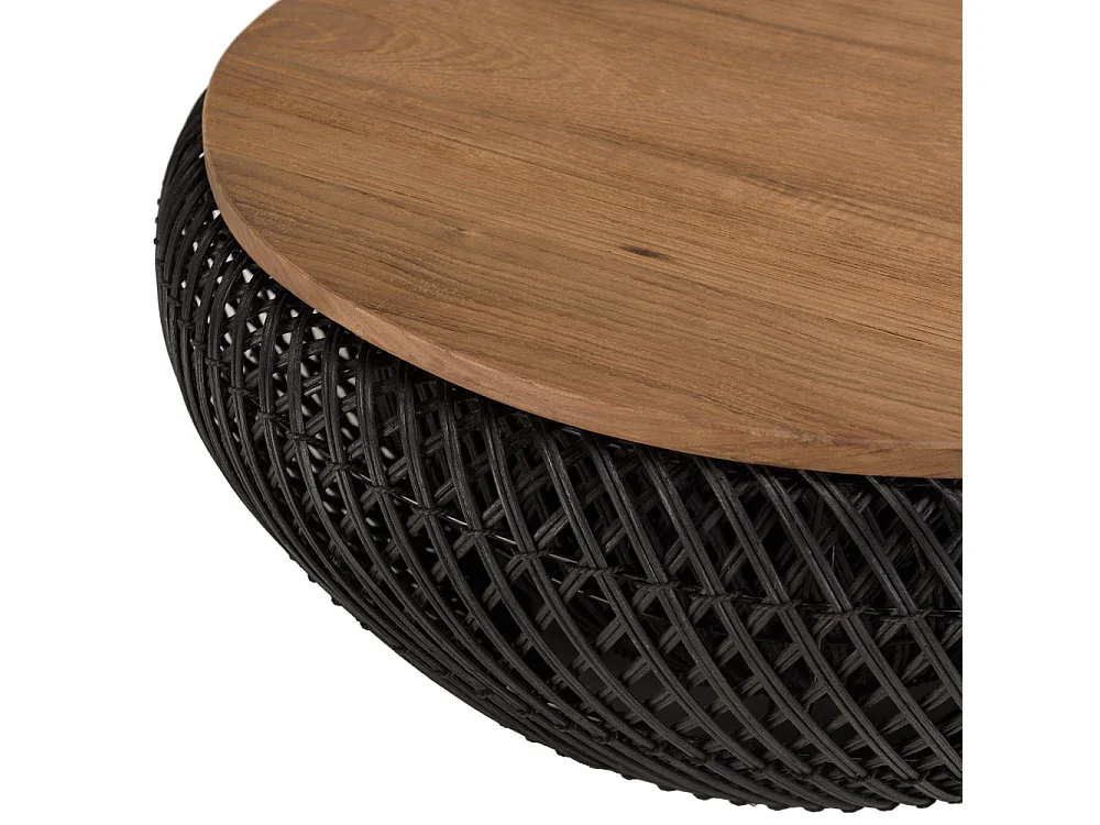 SIXTINE - Table basse ronde diam65 plateau bois teck recyclé rotin noir