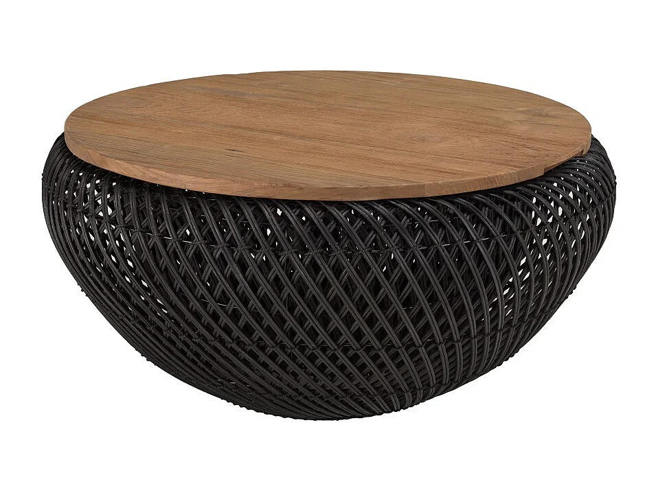 SIXTINE - Table basse ronde diam65 plateau bois teck recyclé rotin noir