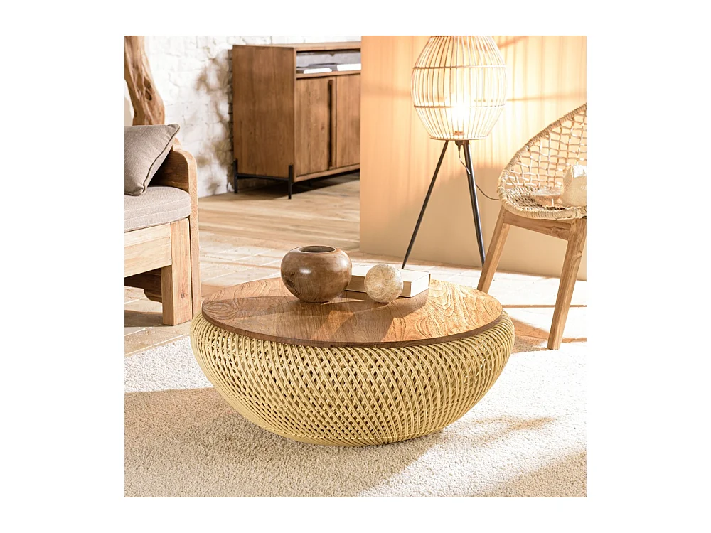 SIXTINE - Table basse ronde 80x80cm en rotin beige plateau amovible