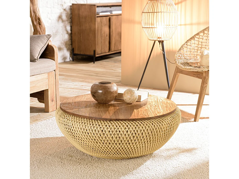 SIXTINE - Table basse ronde diam80 plateau bois teck recyclé rotin
