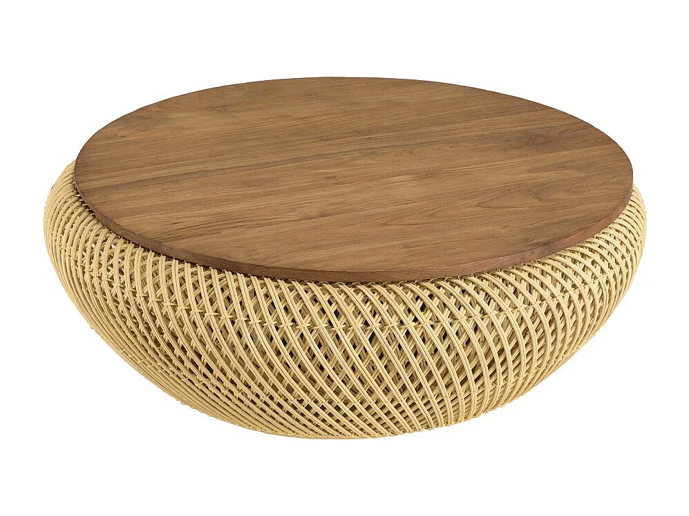 SIXTINE - Table basse ronde diam80 plateau bois teck recyclé rotin