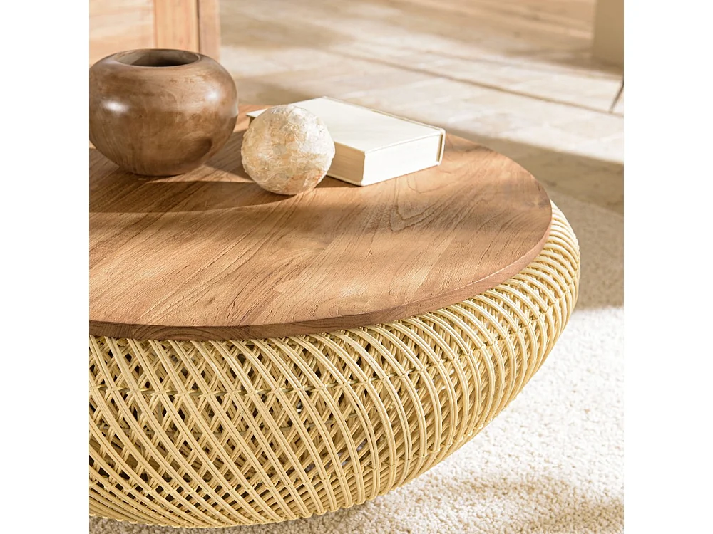 SIXTINE - Table basse ronde diam80 plateau bois teck recyclé rotin
