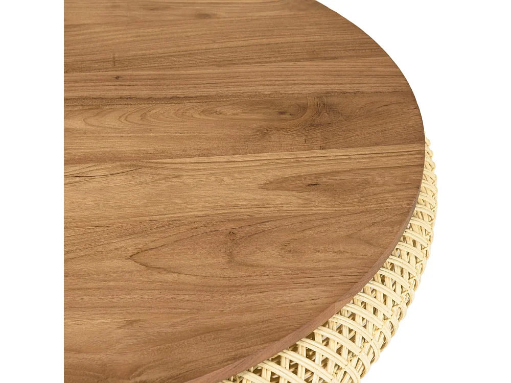 SIXTINE - Table basse ronde diam80 plateau bois teck recyclé rotin