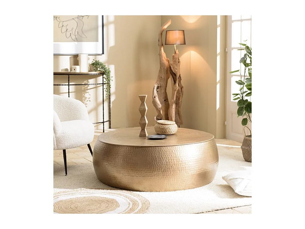 JOHAN - Table basse ronde 106x106cm effet martelé aluminium doré