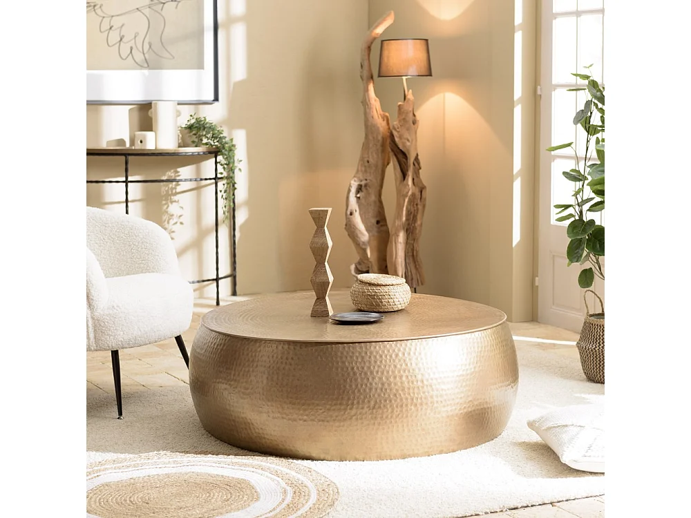 JOHAN - Table basse ronde 106x106cm effet martelé aluminium doré
