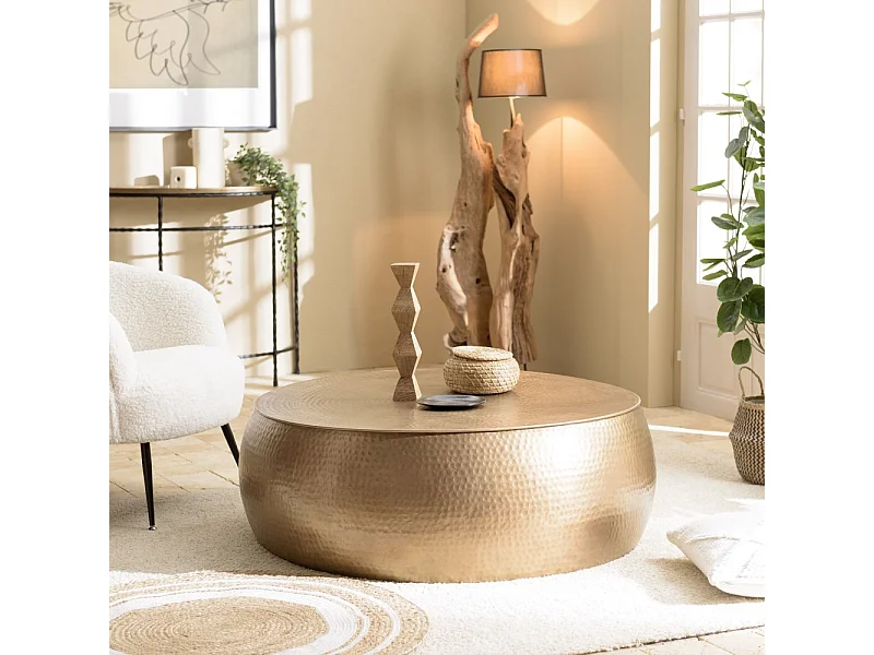 JOHAN - Table basse ronde 106x106cm effet martelé aluminium doré