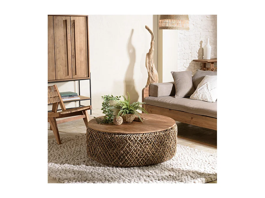 SIXTINE - Table basse ronde 100x100cm en tissage de fibre de cocotier