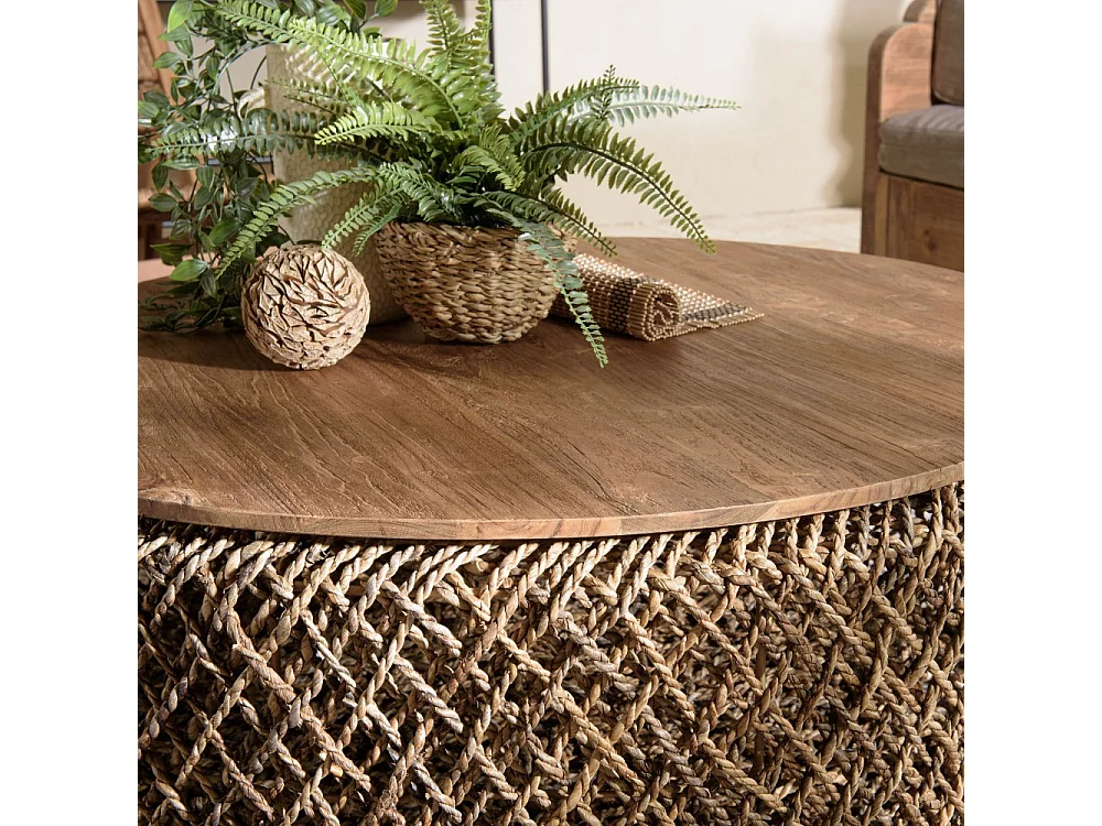 SIXTINE - Table basse ronde diam 100 rotin, plateau bois teck recyclé