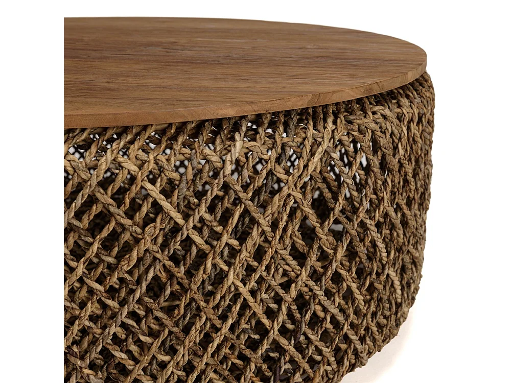 SIXTINE - Table basse ronde diam 100 rotin, plateau bois teck recyclé