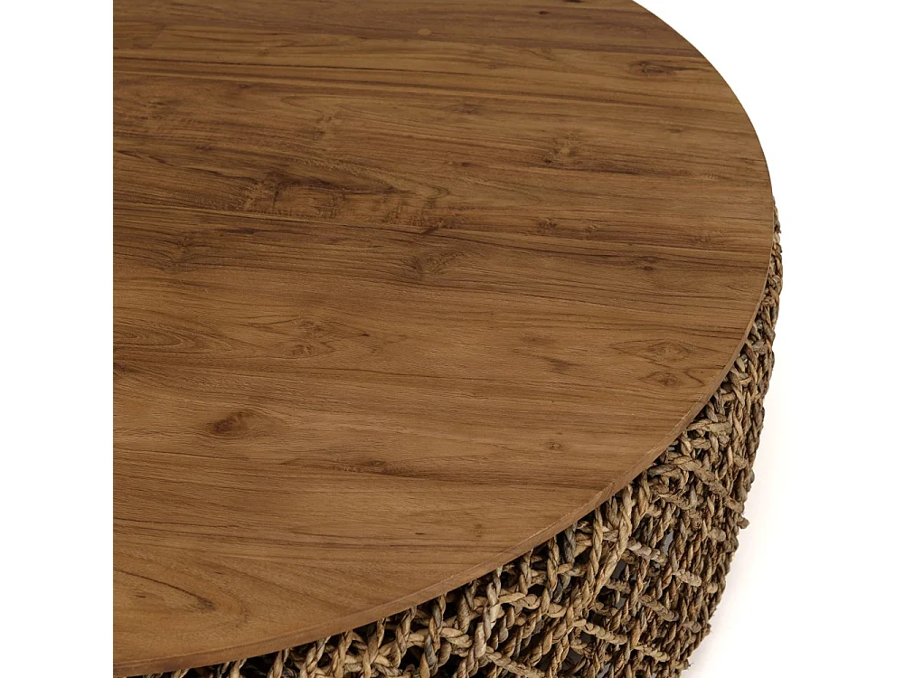 SIXTINE - Table basse ronde diam 100 rotin, plateau bois teck recyclé