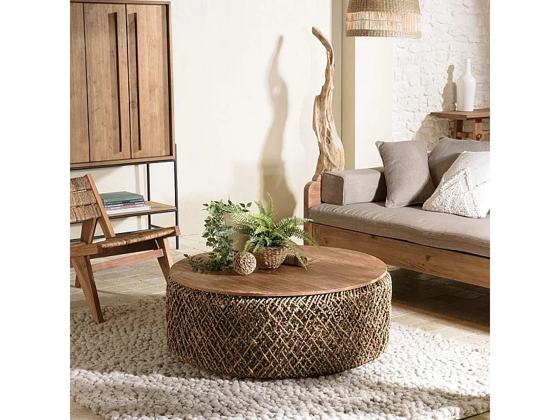 SIXTINE - Table basse ronde diam 100 rotin, plateau bois teck recyclé