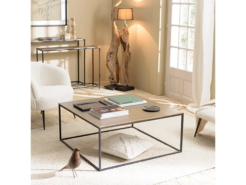 JOHAN - Table basse carrée 90x90cm aluminium doré et noir pieds métal