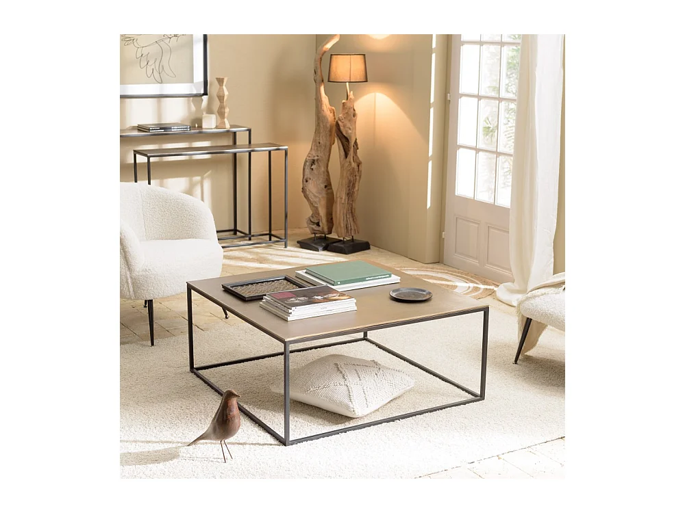 JOHAN - Table basse carrée 90x90cm aluminium doré et noir pieds métal