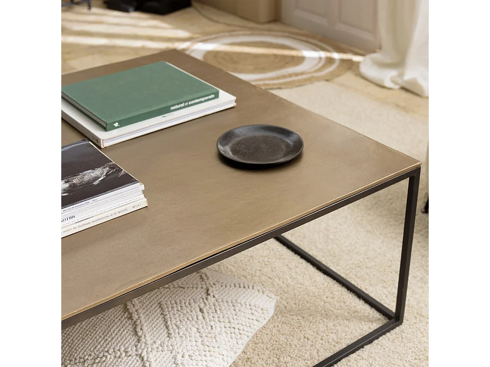 JOHAN - Table basse carrée 90x90cm aluminium doré et noir pieds métal