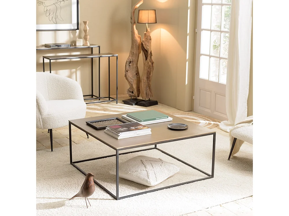 JOHAN - Table basse carrée 90x90cm aluminium doré et noir pieds métal