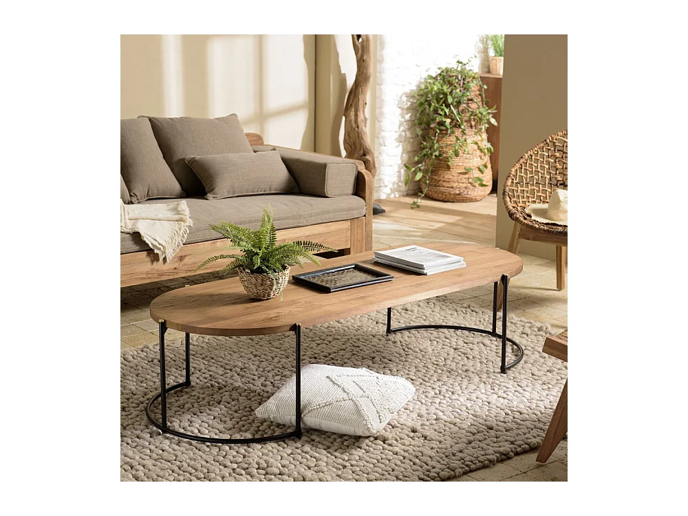 SIXTINE - Table basse ovale 163x63cm plateau en bois de teck recyclé