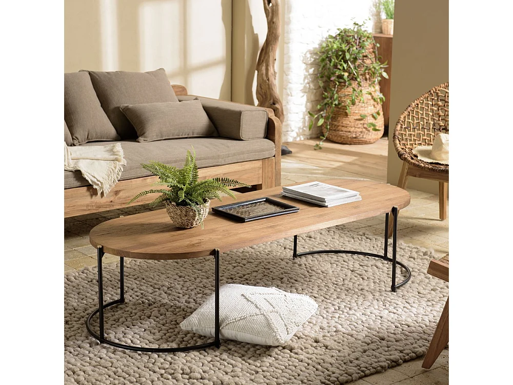 SIXTINE - Table basse ovale 163x63cm plateau en bois de teck recyclé