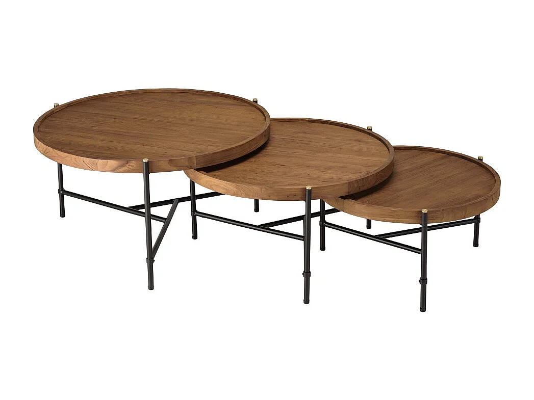 SIXTINE - Set de 3 tables basses tripodes rondes bois de teck recyclé